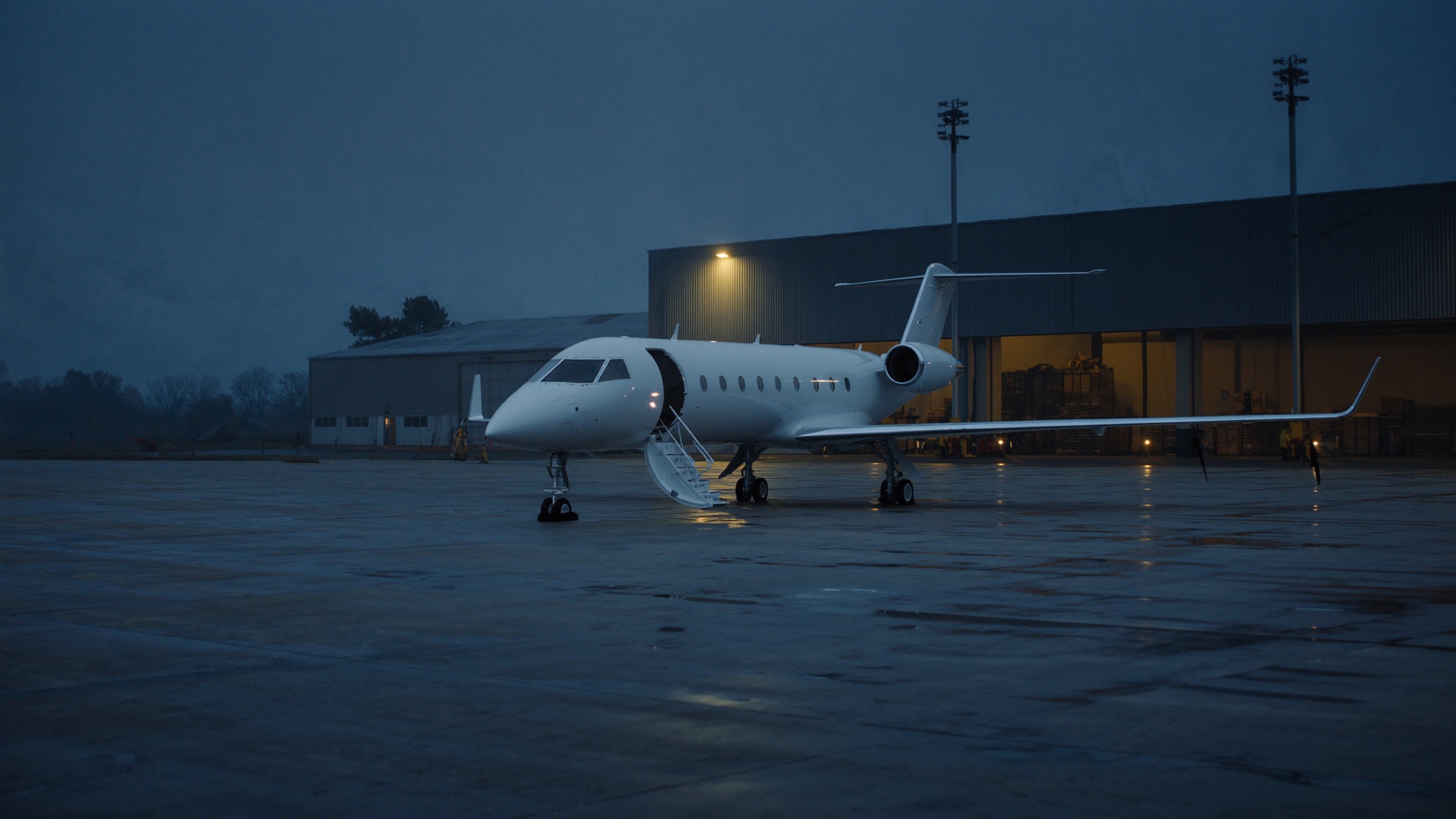 Private business jet on a rain-slicked ramp at dusk