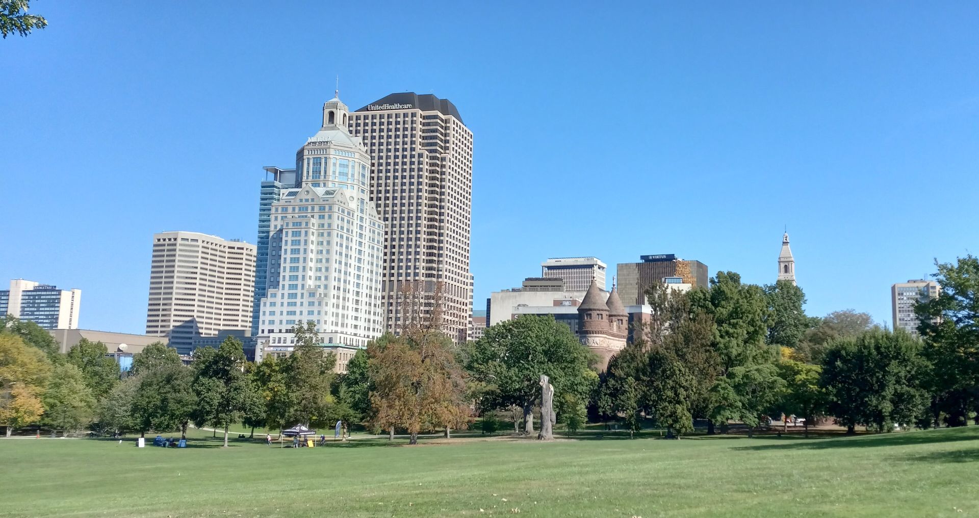 Downtown Hartford skyline above Bushnell Park, Connecticut