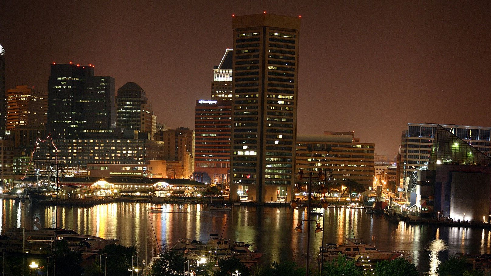 Baltimore Inner Harbor skyline at night